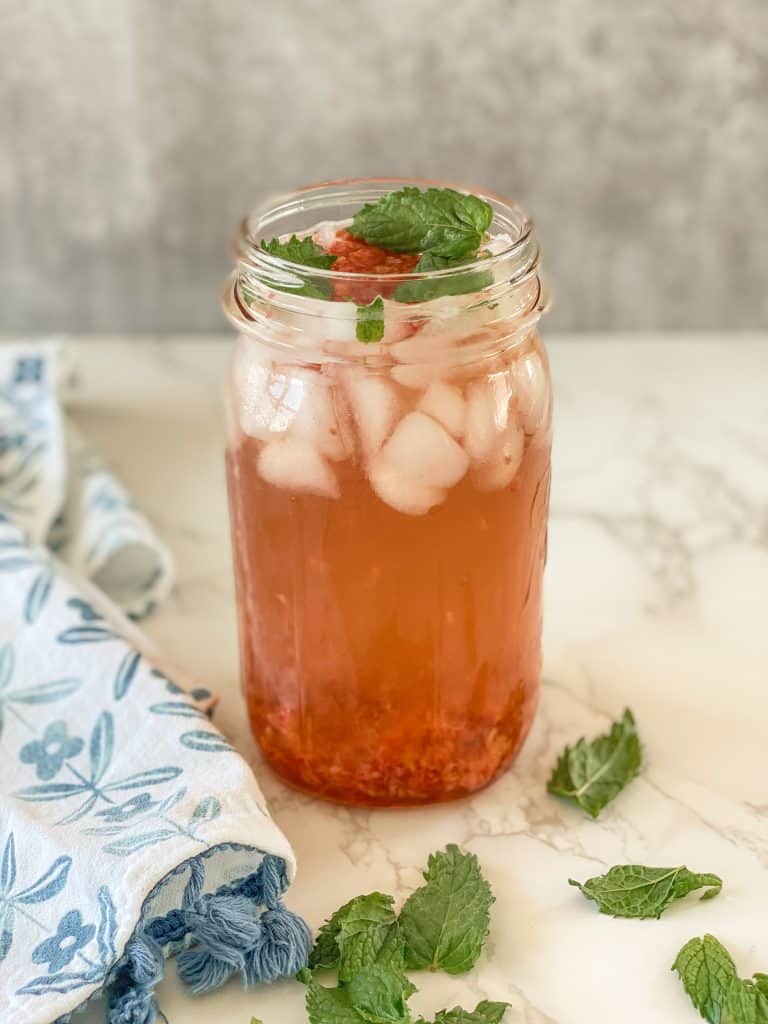 raspberry mint iced tea in quart jar