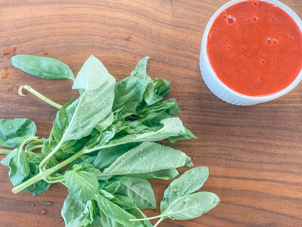 fresh basil and pureed strawberries
