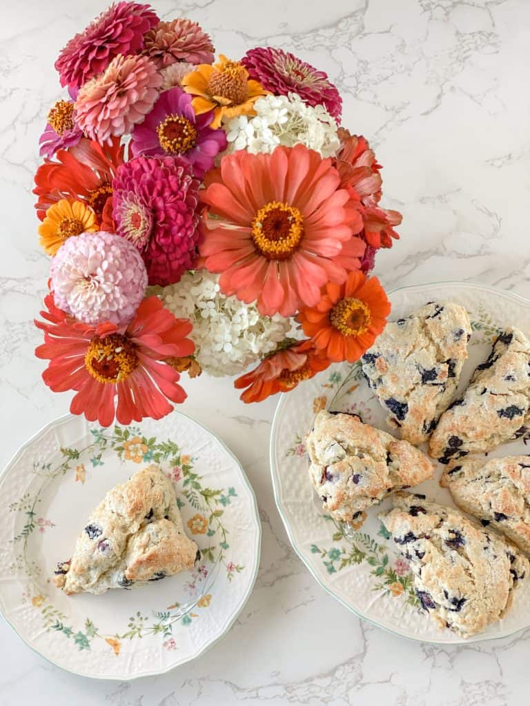 sourdough blueberry scones on china plates
