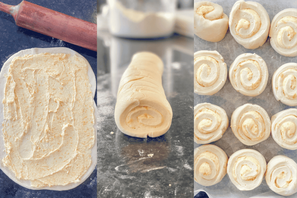 dough with filling rolled up and cut into rolls
